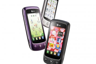 Three LG Cookie Plus smartphones in black, purple and white as if floating in the air