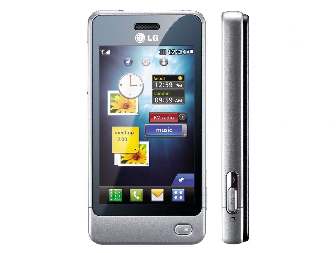 Front view of the LG Pop in white next to its side view, which shows its side buttons