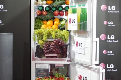 The LG refrigerator display in…, with healthy fruits, vegetables and juices flowing from the appliance’s interior like a waterfall.