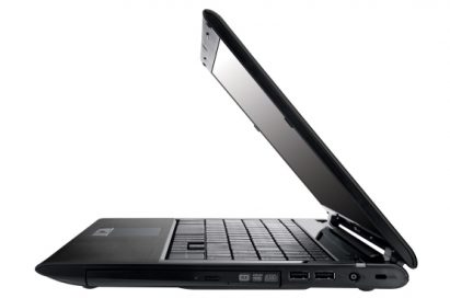 Side view of the black LG A510 laptop with its display open 45-degrees