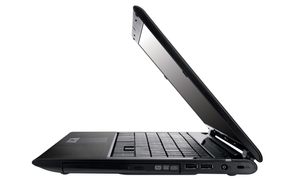 Side view of the black LG A510 laptop with its display open 45-degrees