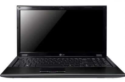 Front view of the black LG A510 laptop with its display open