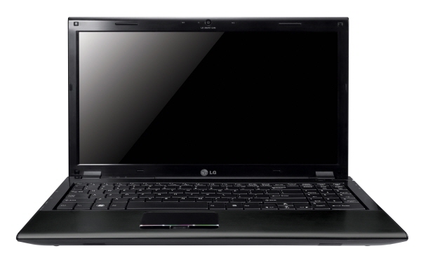 Front view of the black LG A510 laptop with its display open