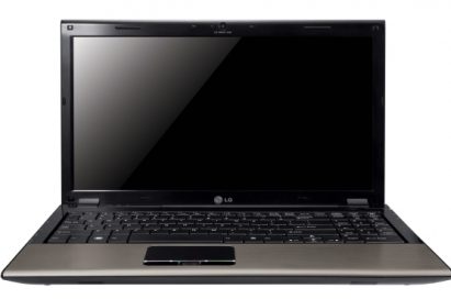 Front view of the Champagne Gold LG A510 laptop with its display open