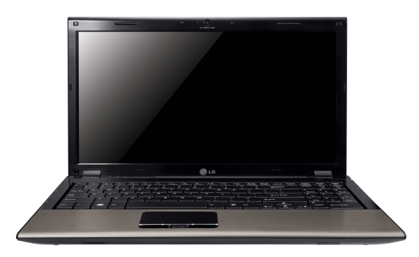 Front view of the Champagne Gold LG A510 laptop with its display open