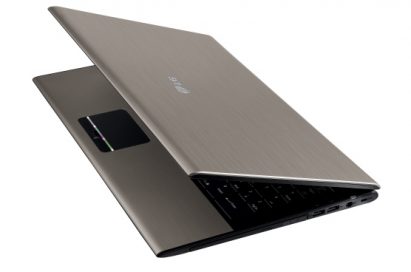 Side view of the Champagne Gold LG A510 laptop with its display open 45-degrees