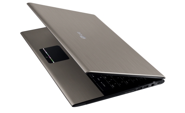 Side view of the Champagne Gold LG A510 laptop with its display open 45-degrees
