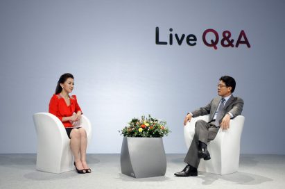 Dr. Skott Ahn answers questions from the host on the LG Optimus stage.