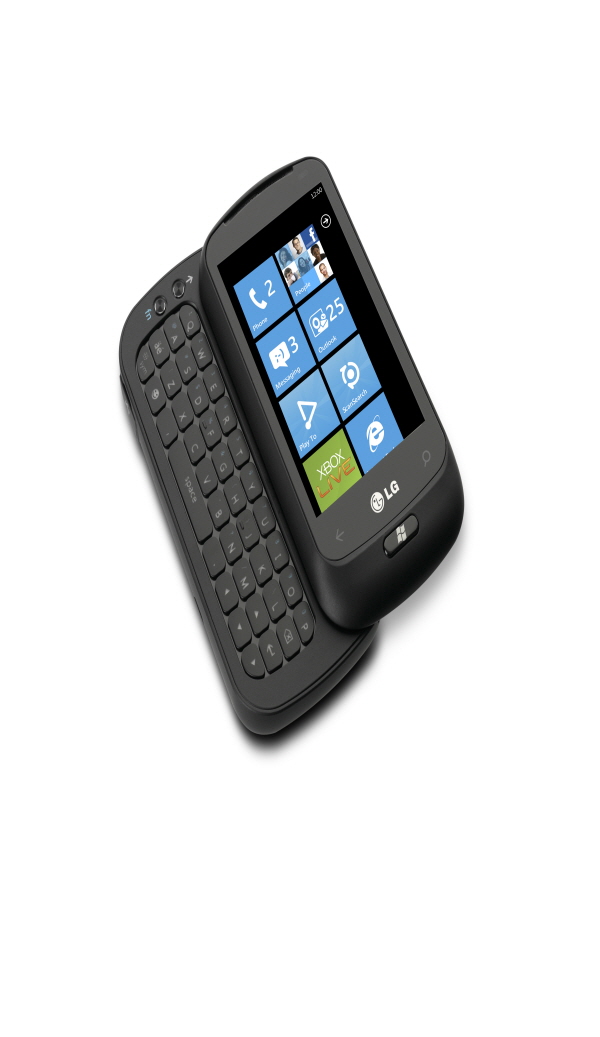 The LG Optimus 7Q laid down in a diagonal position with its slidable keyboard open