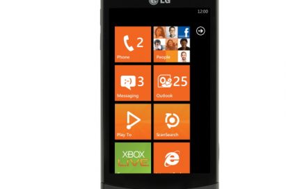Front view of the LG Optimus 7 with an orange-themed user interface