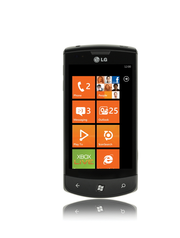 Front view of the LG Optimus 7 with an orange-themed user interface