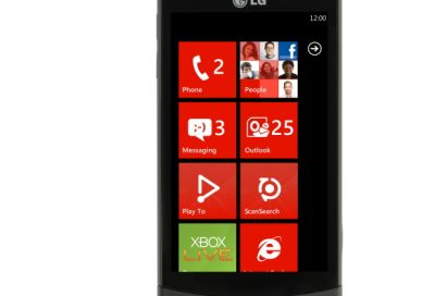 Front view of the LG Optimus 7 with a red-themed user interface