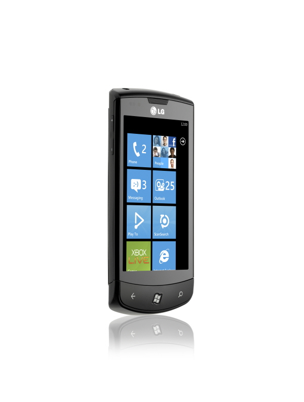 Front view of the LG Optimus 7 facing 20-degrees to the right