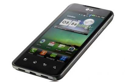 Front view of the world’s first and fastest Dual-Core Smartphone balancing on its bottom right corner, the LG Optimus 2X
