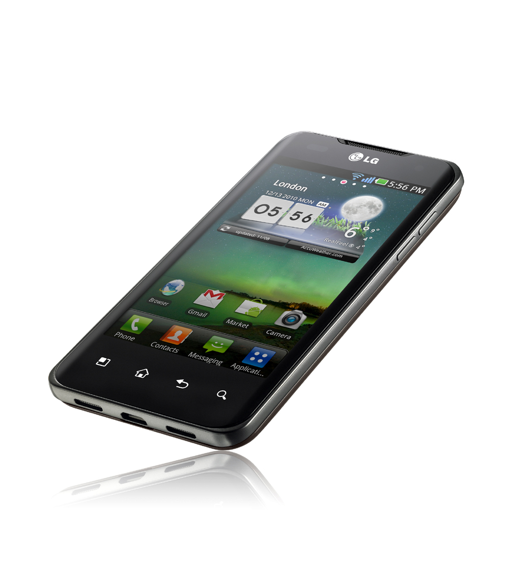Front view of the world’s first and fastest Dual-Core Smartphone balancing on its bottom right corner, the LG Optimus 2X
