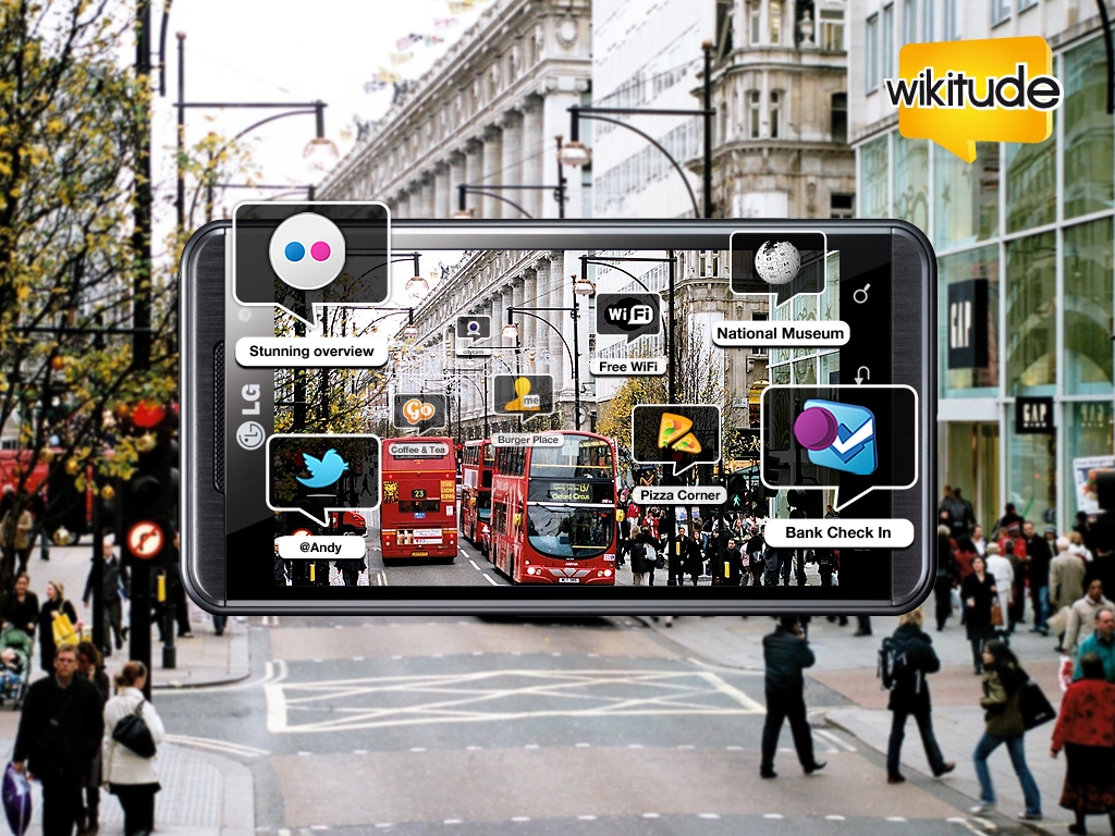 Marketing image of WIKITUDE 3D DIMENSION on an LG phone superimposed over a street scene