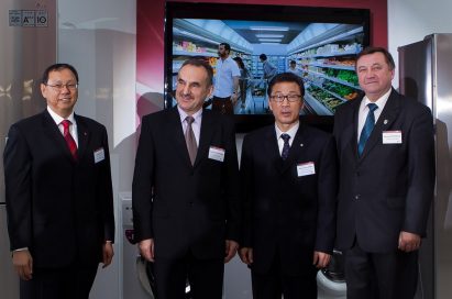 A group of LG executives poses to celebrate on the launch of LG’s Home Appliance production facility in Poland.