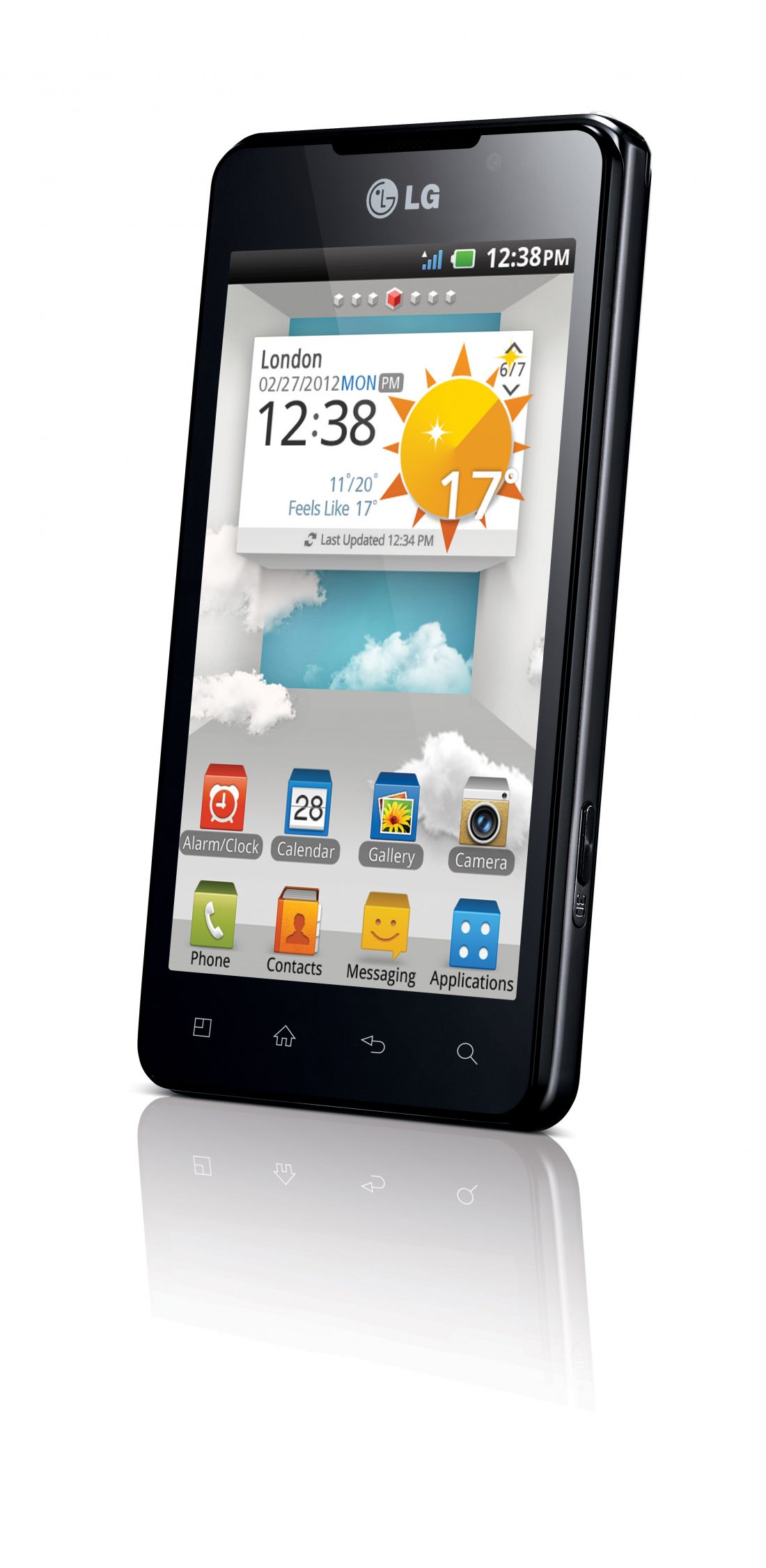 A top view of LG's Optimus 3D Max as if the phone is put on a place vertically while displaying its home screen.