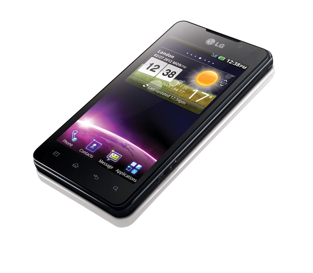 A top view of LG's Optimus 3D Max as if the phone is put on a place while displaying its home screen