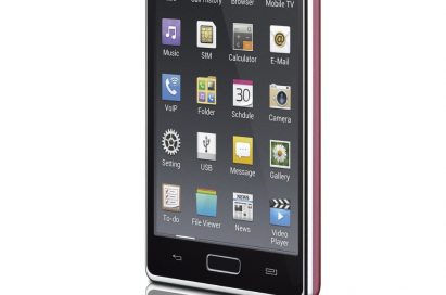 Front view of the LG Optimus L7 with apps displayed on the screen while facing 15 degrees to the left