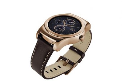 LG Watch Urbanes in gold color with the dial looking upwards
