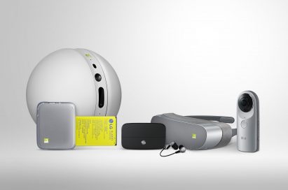 Front view of the LG G5 Friends, which includes the LG Rolling Bot, LG CAM Plus, LG Hi-Fi Plus with B&O PLAY, LG 360 VR and LG 360 CAM, side-by-side