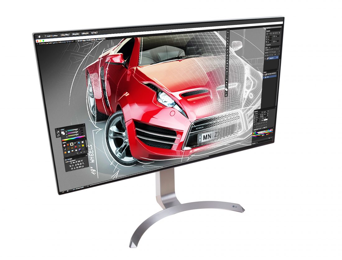 Above view of LG's HDR-compatible 32-inch UHD 4K monitor rotated 10 degrees to the right