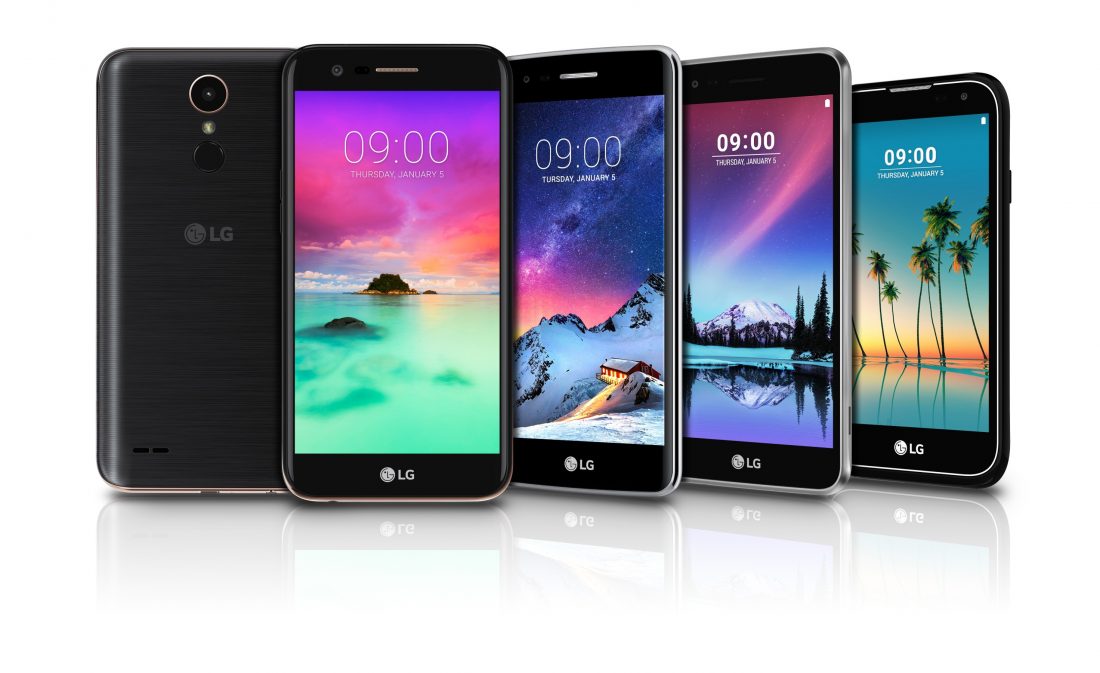 Front and rear view of five models of LG’s K series smartphone lineup including the K10, K8, K4, K3