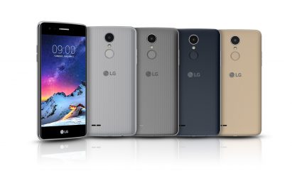 Front view of one model and back view of LG’s new K8 smartphone in four color variants