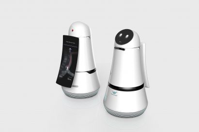A back and front view of the Airport Guide Robot with its main display moved to its rear side.