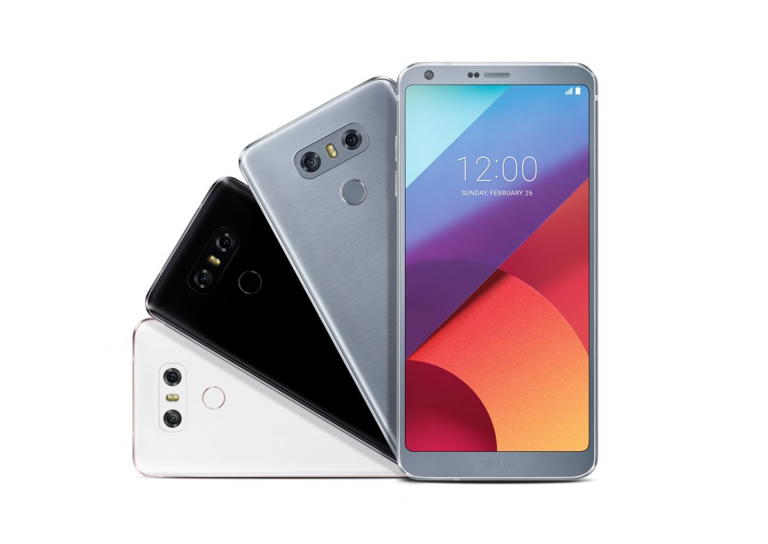 Front view of an LG G6 smartphone and rear view of three LG G6 phones to show three color options