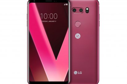 Two LG V30 Raspberry Rose smartphones side-by-side, one facing forward with its display visible, and the other showing its rear casing
