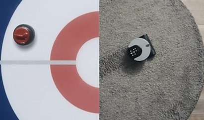 Two combined photos of an Olympic curling stone on half a target, with the other half a living room carpet with the LG CordZero R9 robot vacuum moving across it.