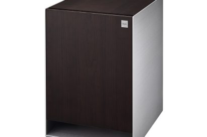 Side view of LG OBJET Refrigerator with LED lighting off taken from front-right at a 15-degree angle
