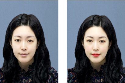 A before-and-after image with and without the virtual makeup effects of LG’s Makeup Pro feature