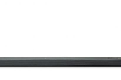 A front view of LG Soundbar model SL10YG and LG Wireless Rear Speaker Kit model SPK 8