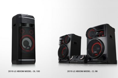A left-side view of LG XBOOM model OL100 and a right-side view of LG XBOOM model CL98