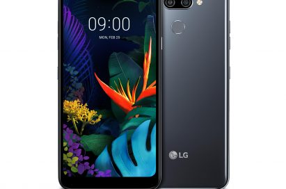 The front and rear view of the LG K50 in New Platinum Gray
