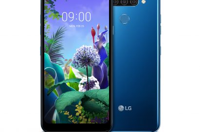 The front and rear view of the LG Q60 in New Moroccan Blue