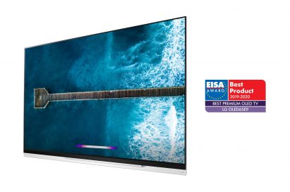 A right-side view of LG OLED TV model OLED65E9 with the EISA Award logo on the right